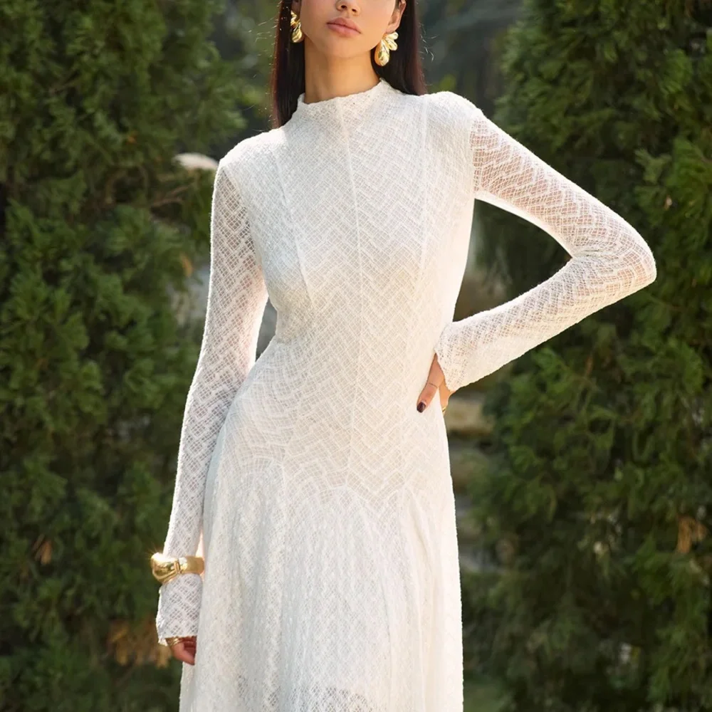 Commense Semi-Sheer Mock Neck Lace Flowy Long Dress - Picture 5 of 9